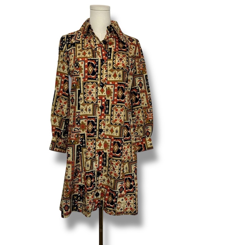 Vintage‎ Le Phenomene Dress Blue Tan Cream Patchwork Longsleeve Midi Size Small